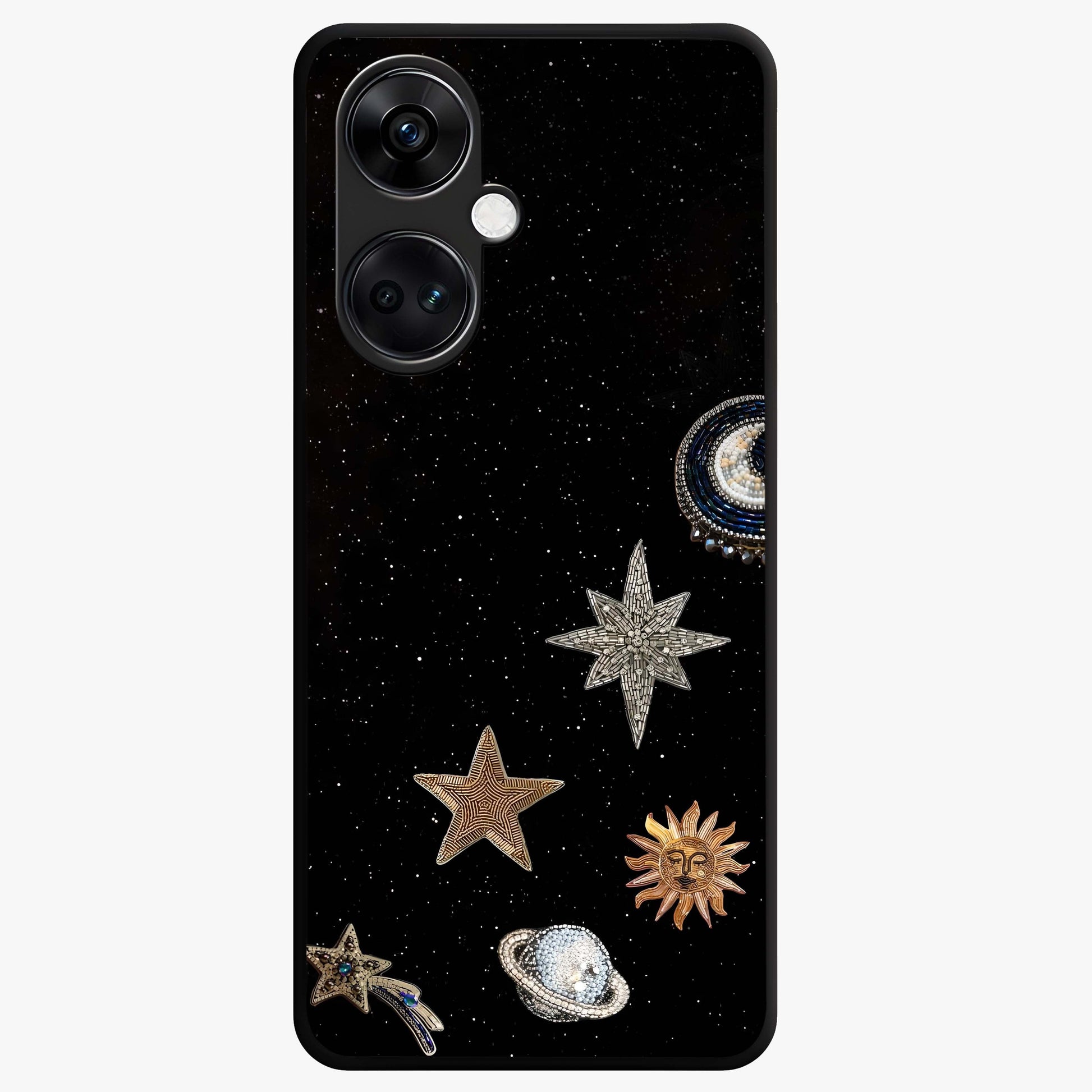 Galactic Charm Glow Glass Case for 1+Nord CE 3 radiant front view featuring glowing cosmic charm artwork