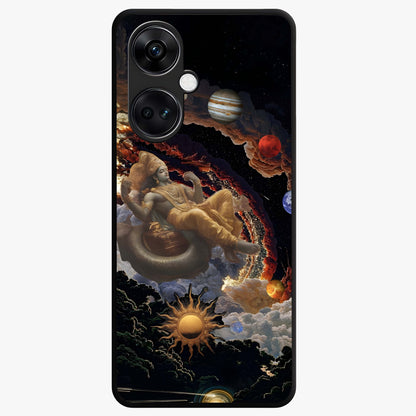 Galactic Divine God Glass Case for 1+Nord CE 3 powerful front view featuring divine artwork blended with cosmic background