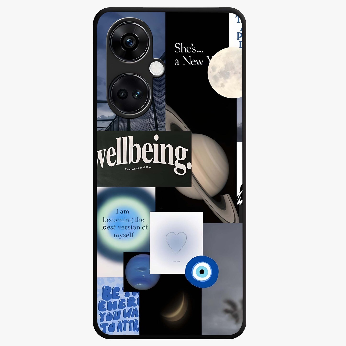 Galactic Energy Collage Glass Case for 1+Nord CE 3 artistic front view featuring layered cosmic collage artwork