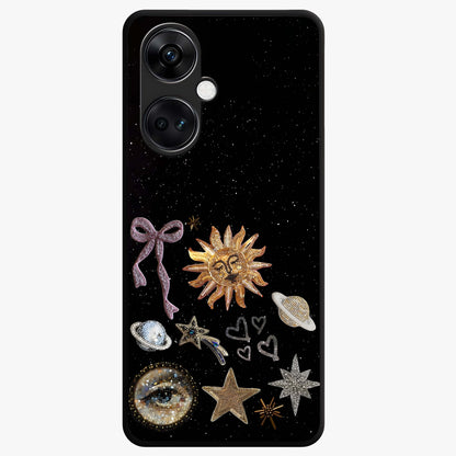 Galactic Sun Charm Glass Case for 1+Nord CE 3 radiant front view featuring celestial sun artwork with cosmic accents