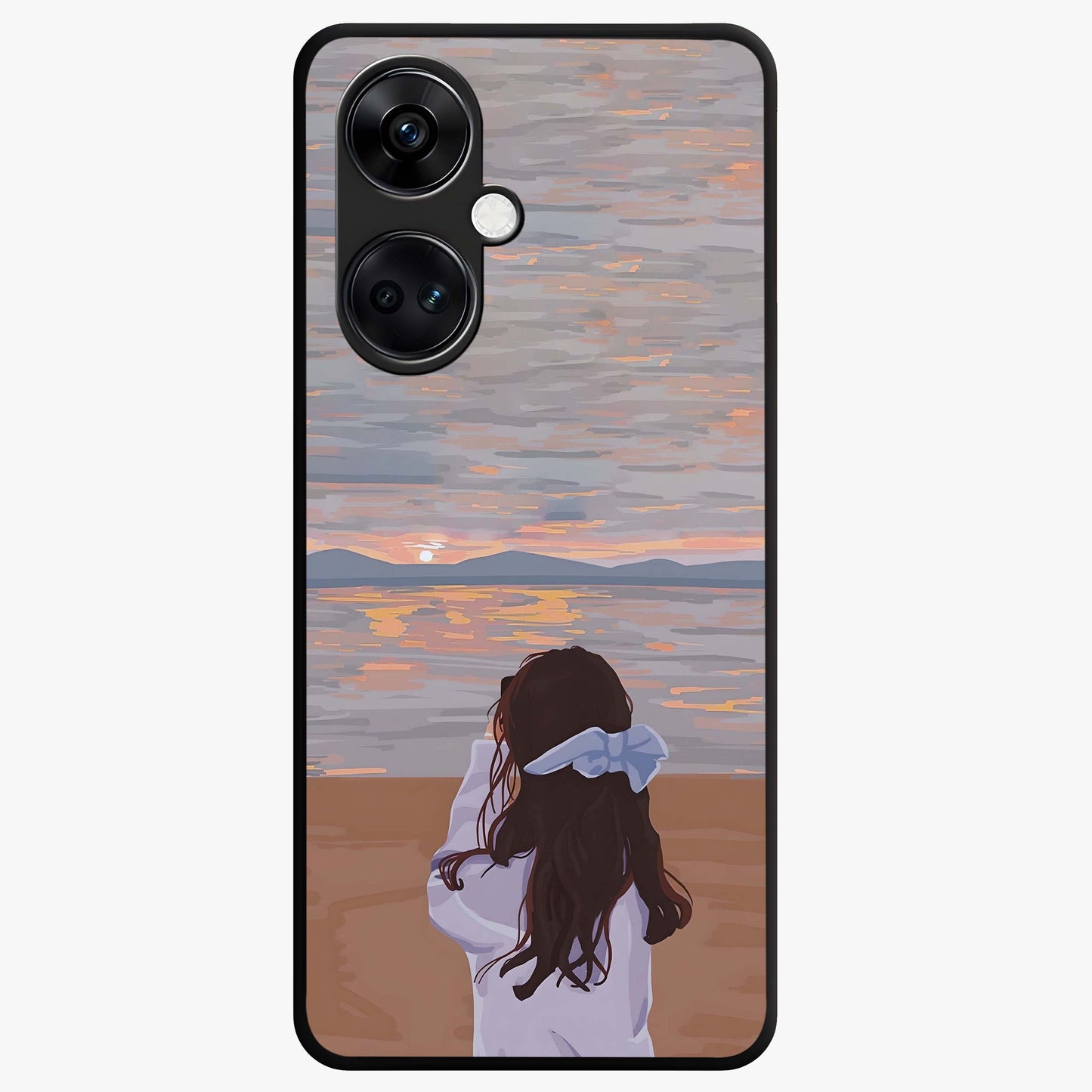 Girl Facing Sunset Beach Glass Case for 1+Nord Ce 3 scenic front view featuring silhouette artwork against glowing sunset sky