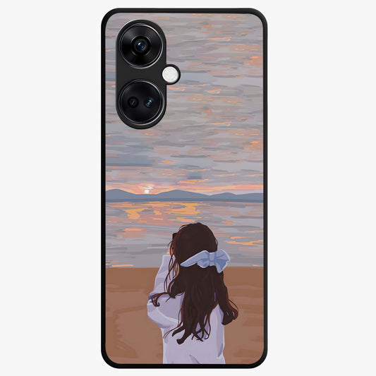 Girl Facing Sunset Beach Glass Case for 1+Nord Ce 3 scenic front view featuring silhouette artwork against glowing sunset sky