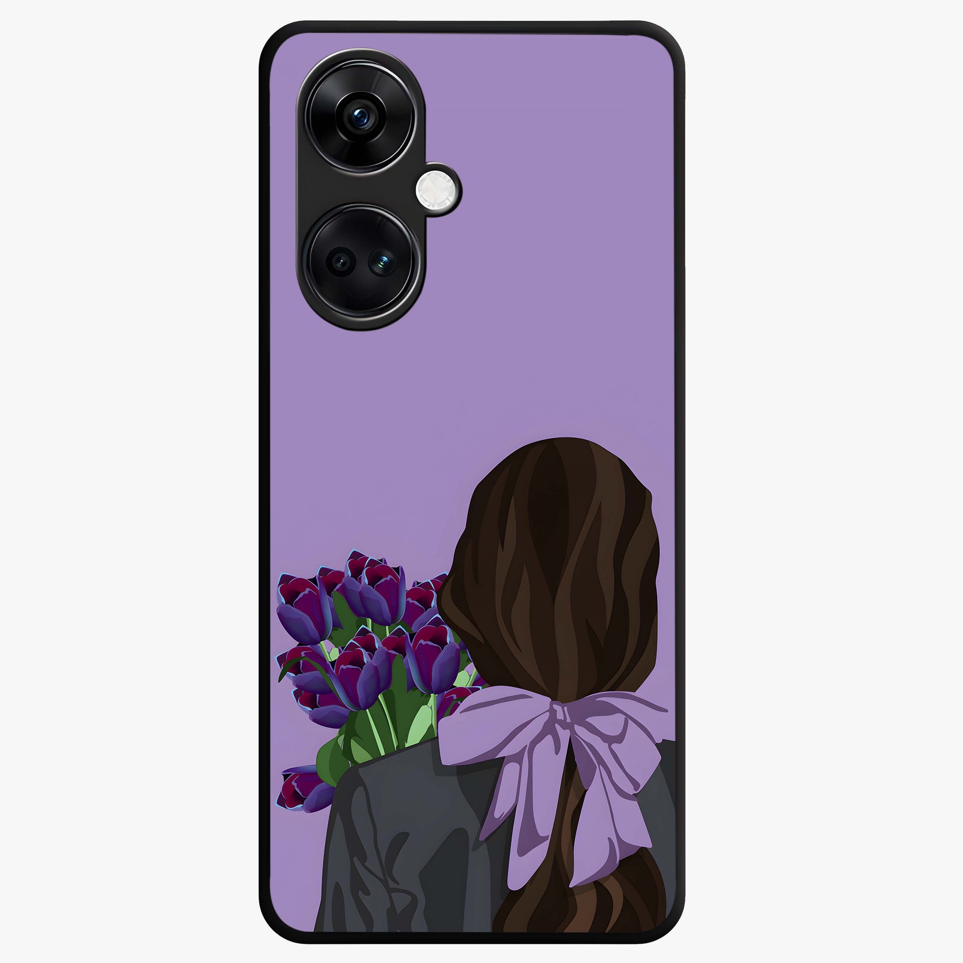 Girl Holding Flowers Glass Case for 1+Nord Ce 3 aesthetic front view featuring soft illustrated character with floral bouquet