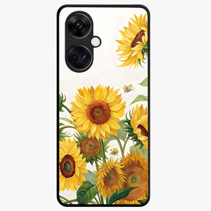 Golden Bloom Fields Glass Case for 1+Nord CE 3 serene front view featuring glowing floral field artwork