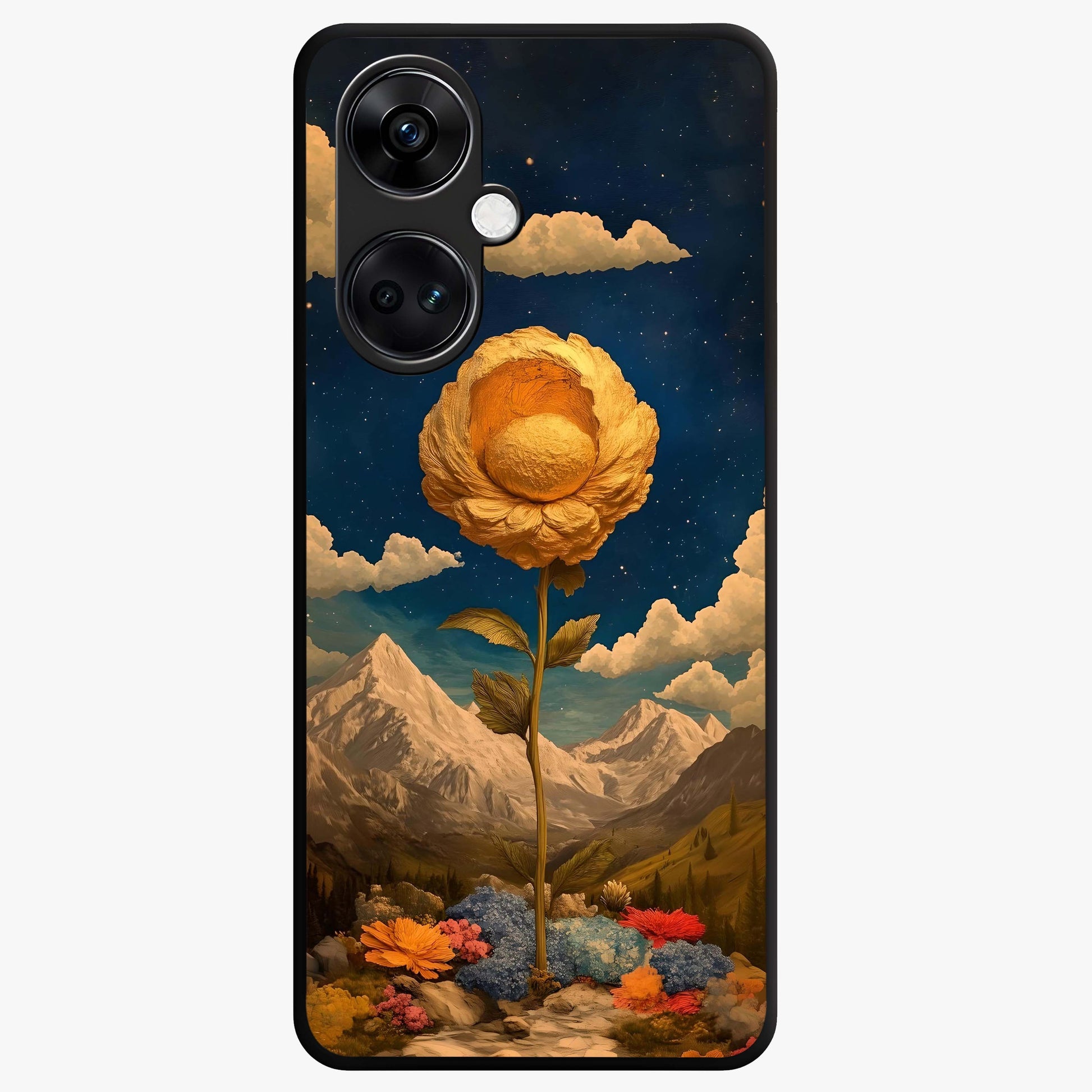 Golden Bloom Night Glass Case for 1+Nord CE 3 elegant front view featuring glowing golden floral artwork on dark background