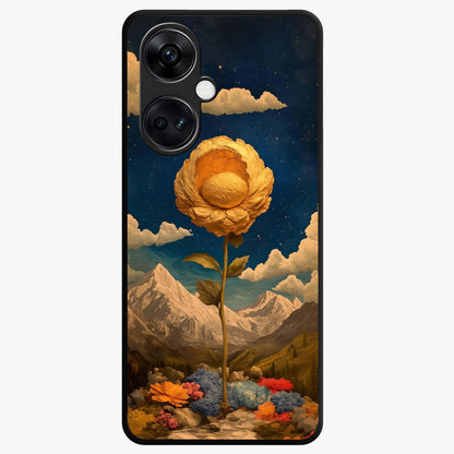 Golden Bloom Night Glass Case for 1+Nord CE 3 elegant front view featuring glowing golden floral artwork on dark background
