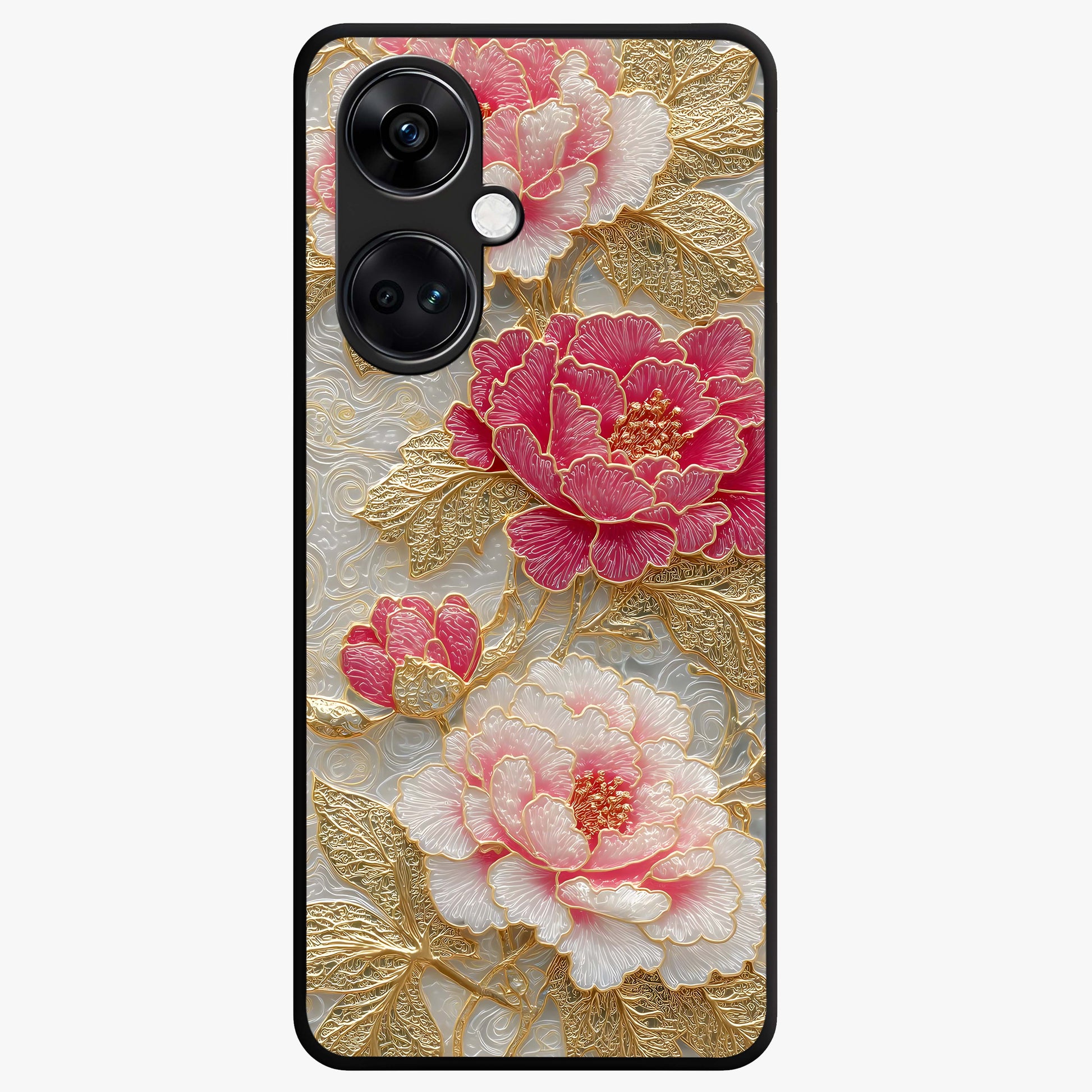 Golden Blossom Elegance Glass Case for 1+Nord CE 3 graceful front view featuring refined golden floral artwork