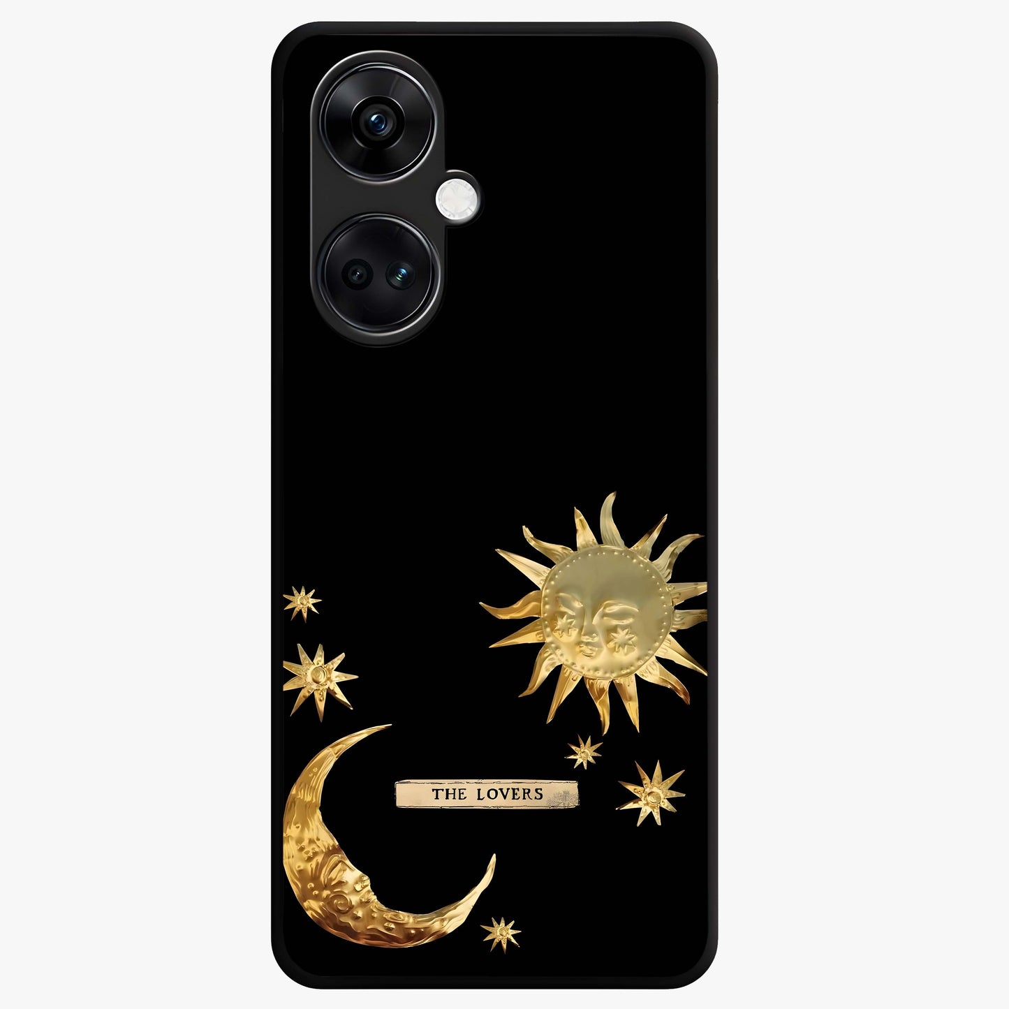 Golden Celestial Charm Glass Case for 1+Nord CE 3 radiant front view featuring celestial artwork with golden accents