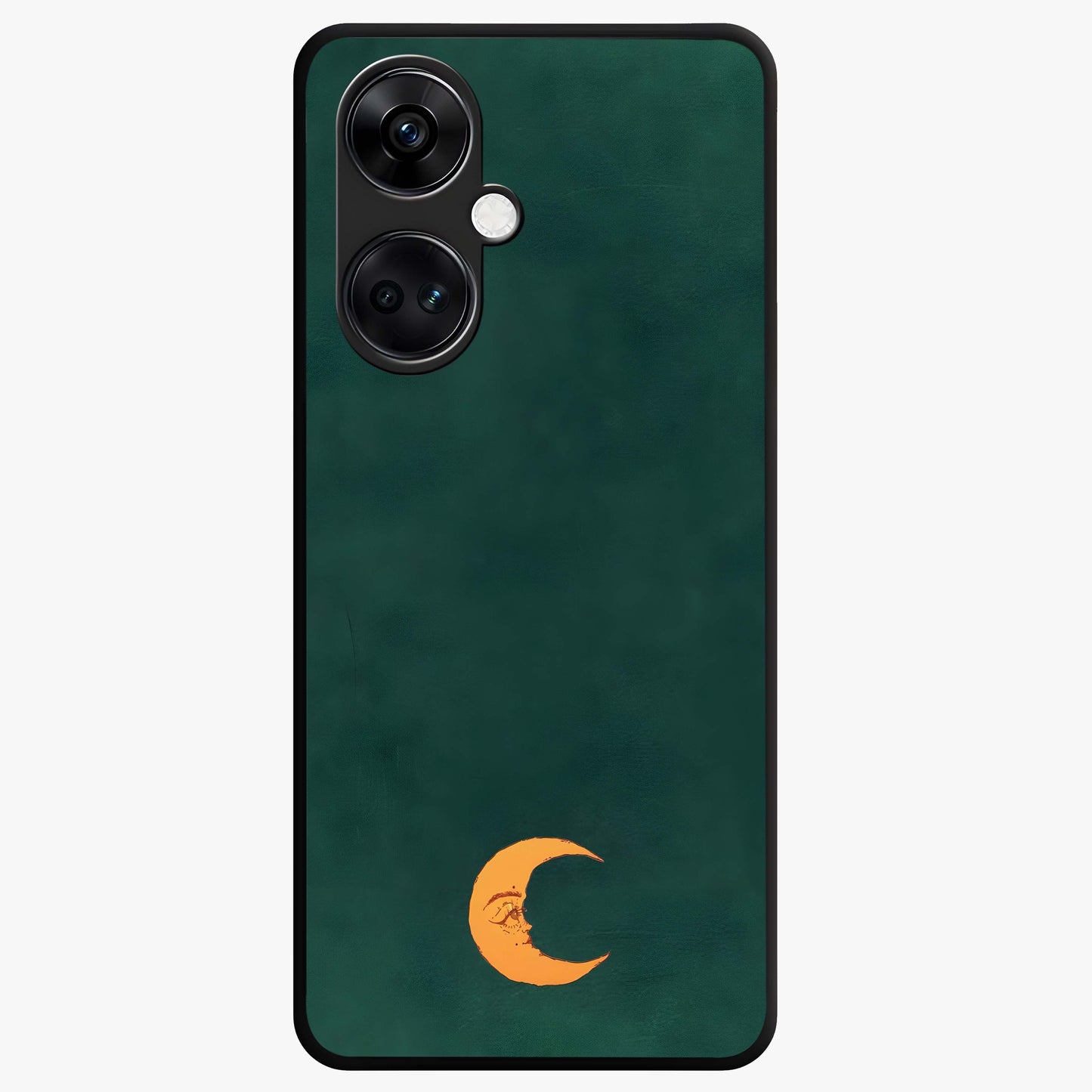 Golden Crescent Mood Glass Case for 1+Nord CE 3 artistic front view featuring crescent moon artwork in warm golden tones
