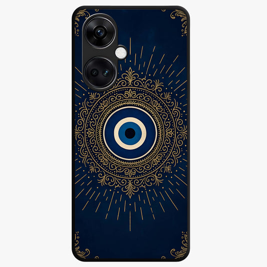Golden Evil Eye Mandala Glass Case for 1+Nord Ce 3 bold front view featuring intricate mandala artwork with golden evil eye