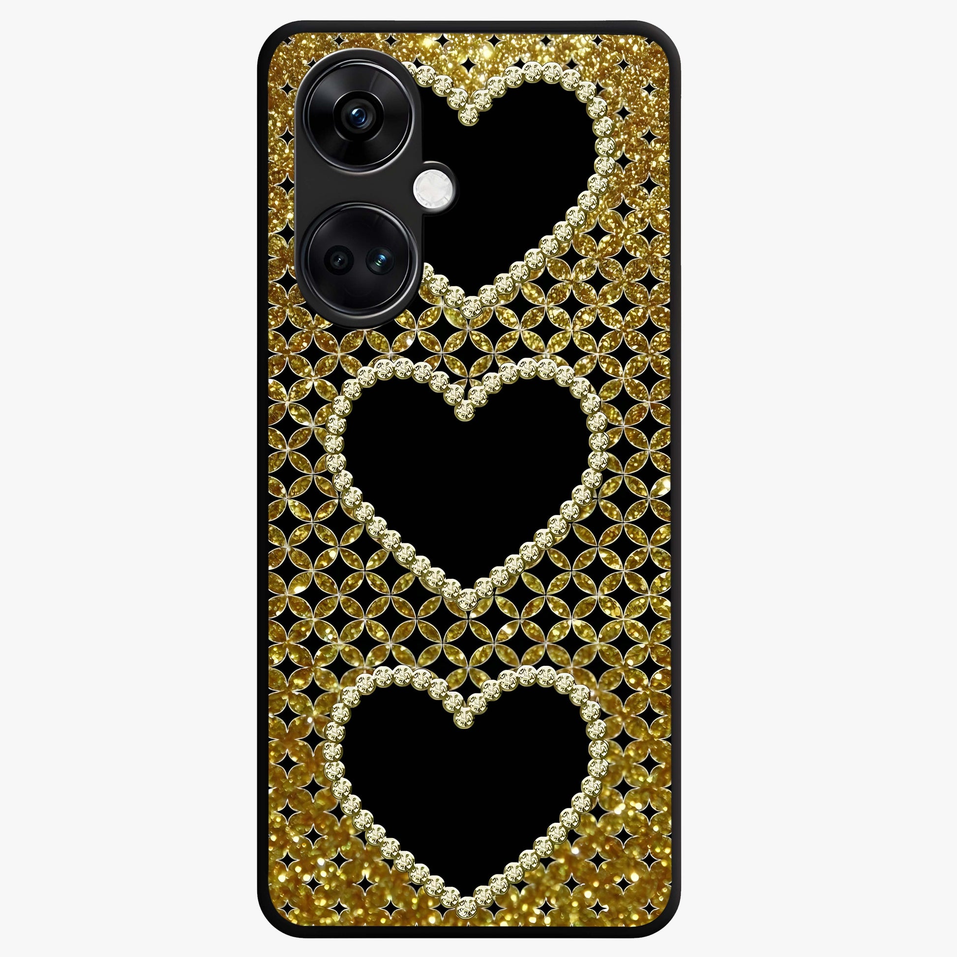 Golden Heart Glow Glass Case for 1+Nord Ce 3 romantic front view featuring glowing golden heart artwork