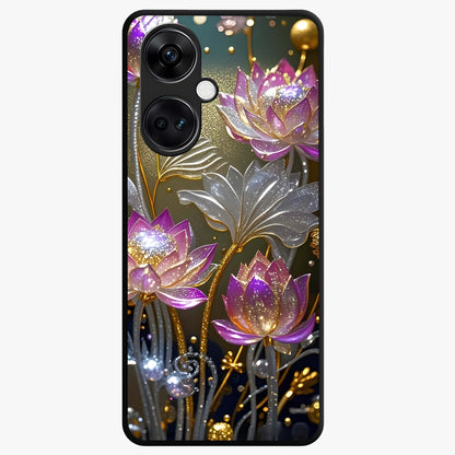 Golden Lotus Glow Glass Case for 1+Nord Ce 3 serene front view featuring radiant lotus artwork in golden hues