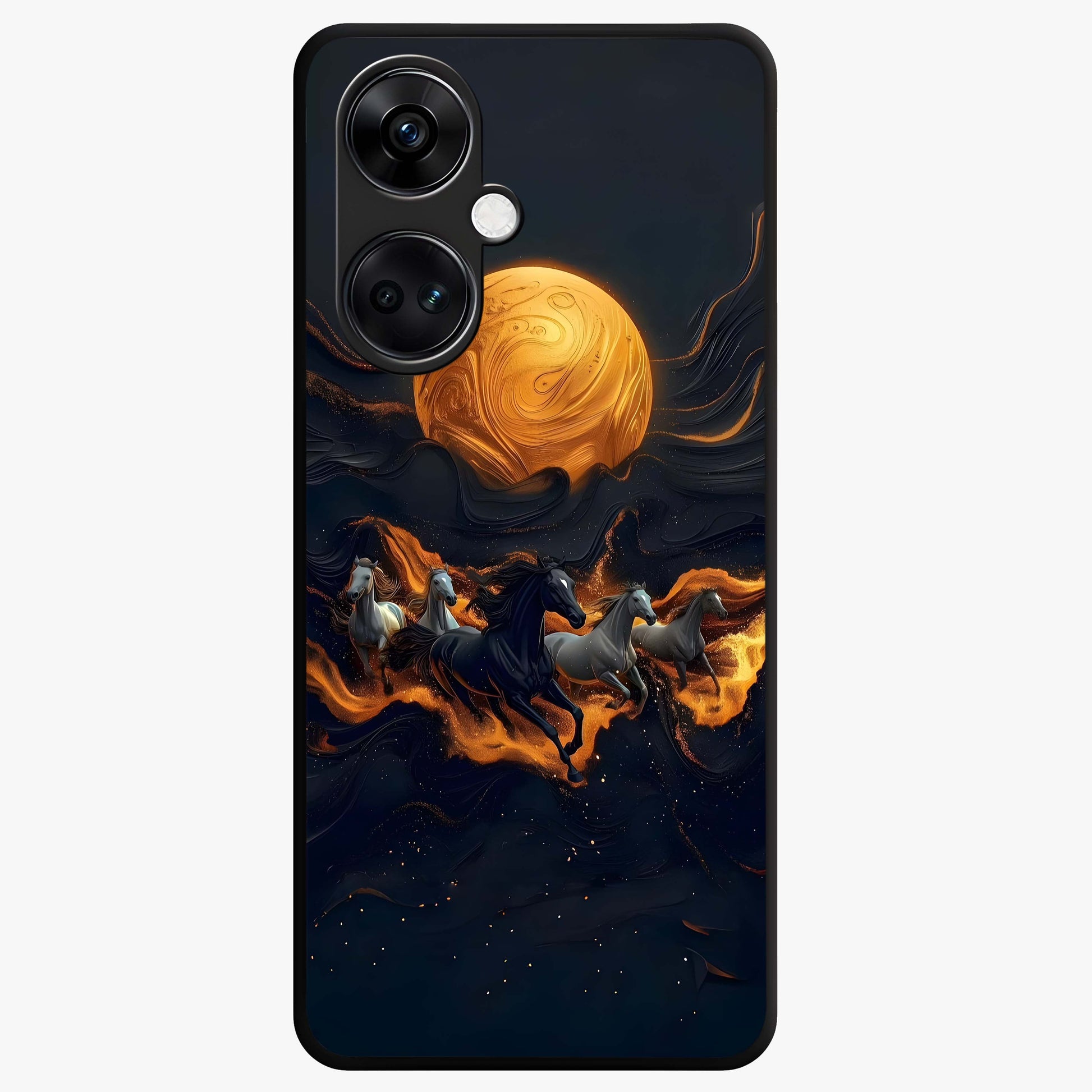 Golden Stallion Moonride Glass Case for 1+Nord Ce 3 majestic front view featuring horse artwork under golden moonlight