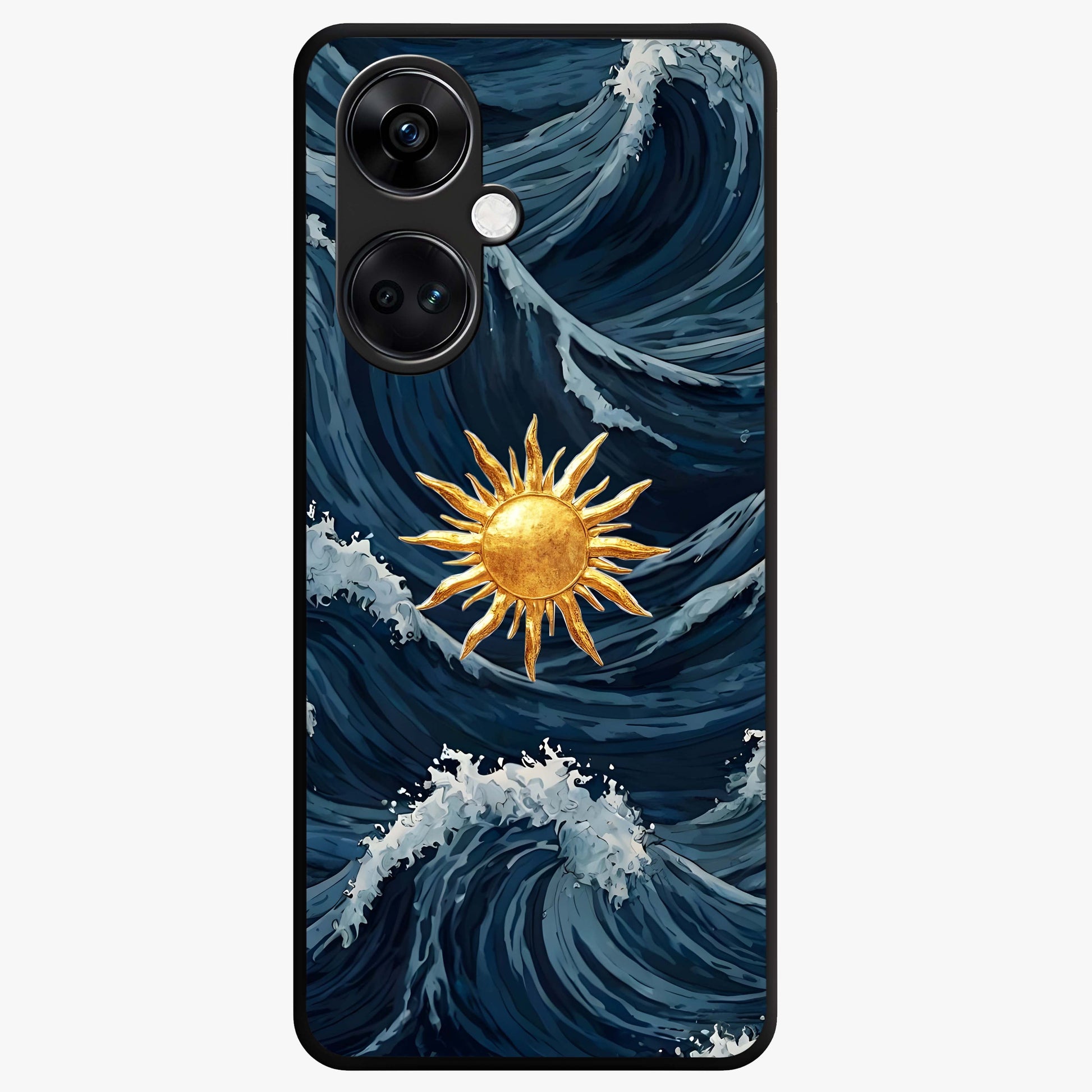Golden Wave Rise Glass Case for 1+Nord CE 3 dynamic front view featuring flowing wave artwork in golden tones