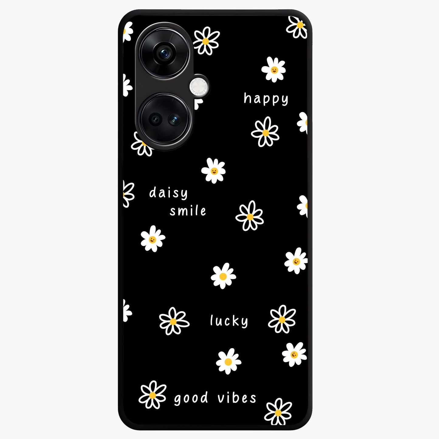 Good Vibes Daisy Black Pattern Glass Case for 1+Nord CE 3 stylish front view featuring white daisy artwork on black background