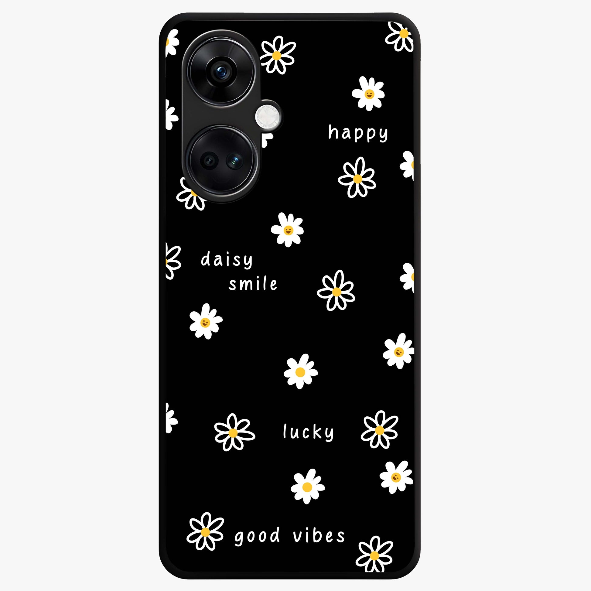 Good Vibes Daisy Black Pattern Glass Case for 1+Nord CE 3 stylish front view featuring white daisy artwork on black background