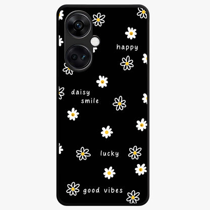 Good Vibes Daisy Black Pattern Glass Case for 1+Nord CE 3 stylish front view featuring white daisy artwork on black background
