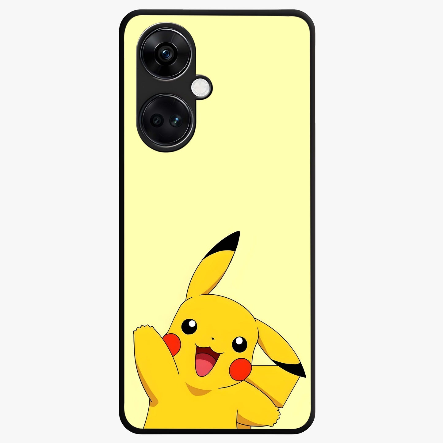 Happy Electric Pikachu Glass Case for 1+Nord Ce 3 energetic front view featuring electric themed cartoon artwork