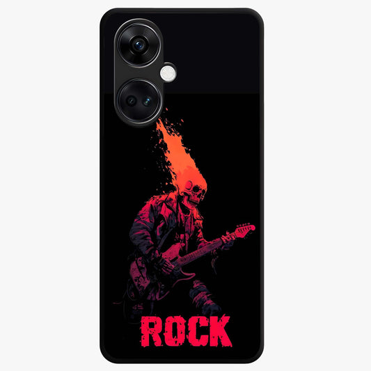 Hellfire Rock Anthem Glass Case for 1+Nord Ce 3 showing full back design in clean flat view with fiery rock-inspired artwork and glossy glass finish.