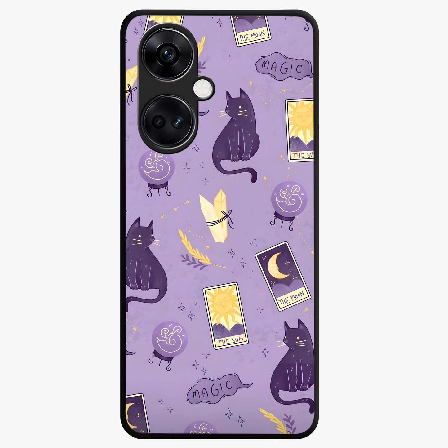 Humble Magic Cats Glass Case for 1+Nord CE 3 showing full back design in clean flat view with whimsical cat artwork and glossy glass finish.