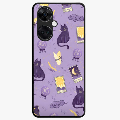 Humble Magic Cats Glass Case for 1+Nord CE 3 showing full back design in clean flat view with whimsical cat artwork and glossy glass finish.