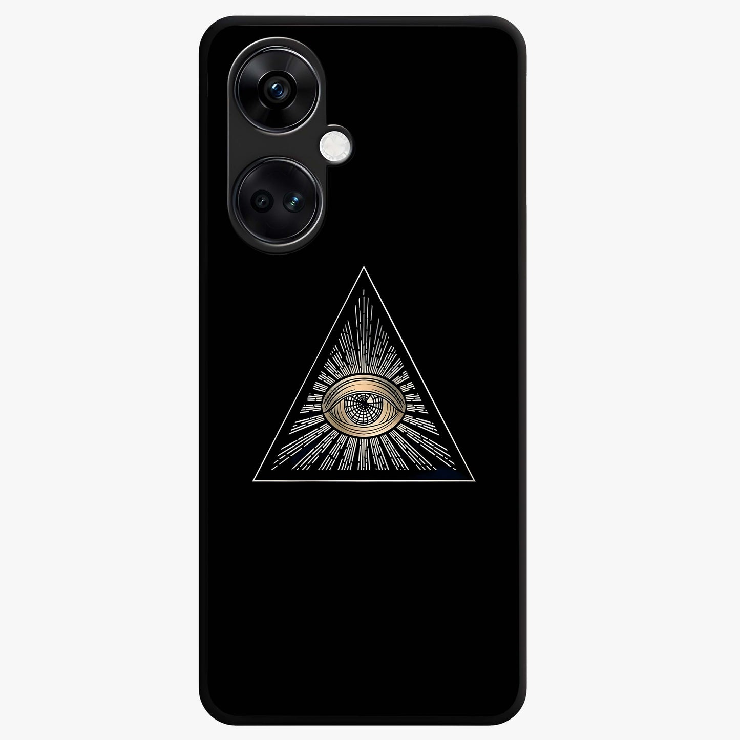 Illuminati Evil Glass Case for 1+Nord CE 3 showing full back design in clean flat view with bold symbolic artwork and glossy glass finish.