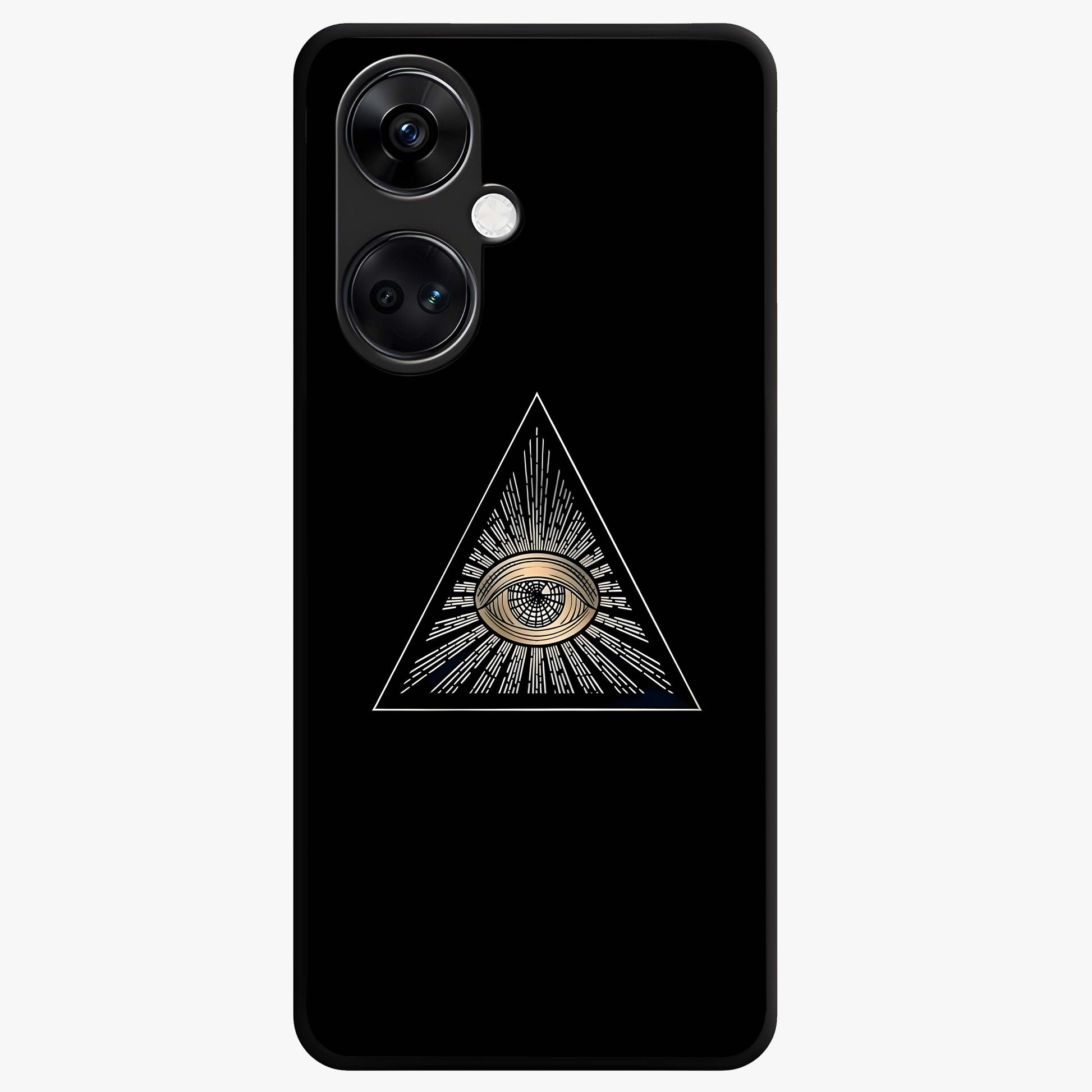 Illuminati Evil Glass Case for 1+Nord CE 3 showing full back design in clean flat view with bold symbolic artwork and glossy glass finish.