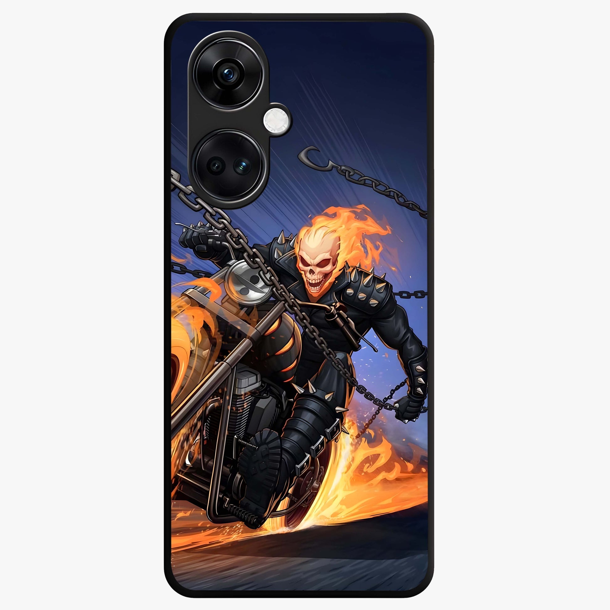 Inferno Chain Rider Glass Case for 1+Nord CE 3 showing full back design in clean flat view with fiery chain rider artwork and glossy glass finish.