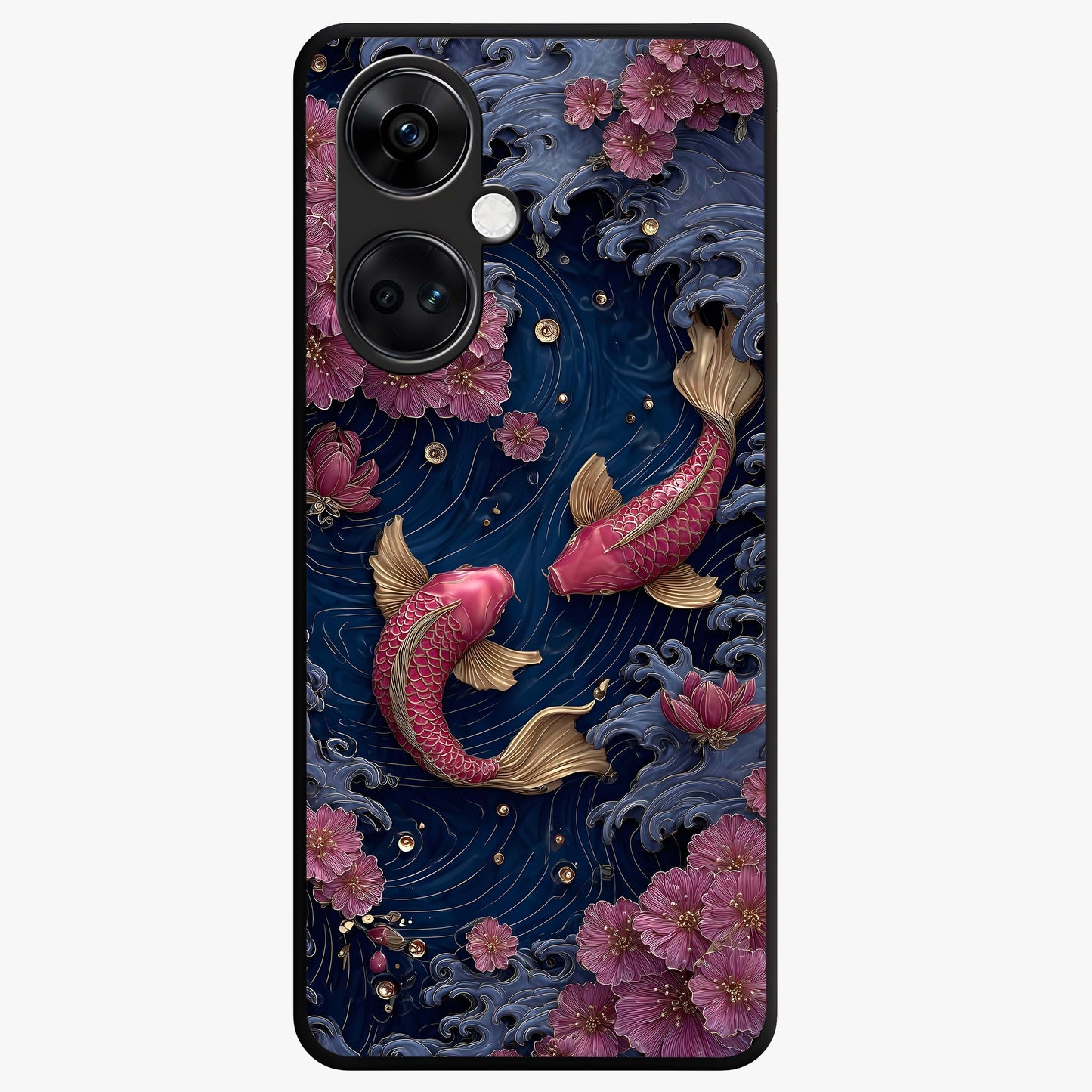 Koi Wave Dance Glass Case for 1+Nord CE 3 artistic front view featuring flowing koi fish artwork with wave patterns