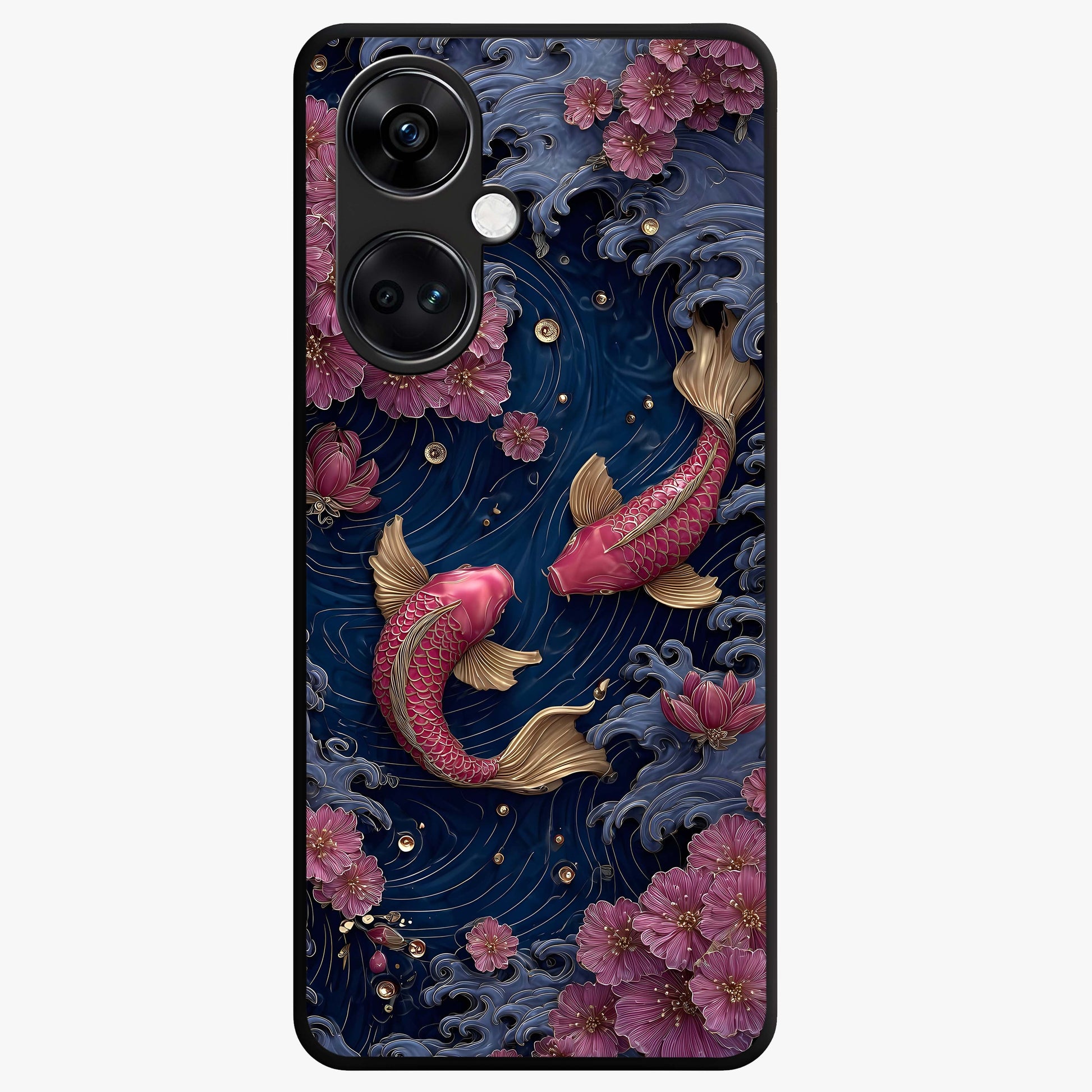 Koi Wave Dance Glass Case for 1+Nord CE 3 artistic front view featuring flowing koi fish artwork with wave patterns