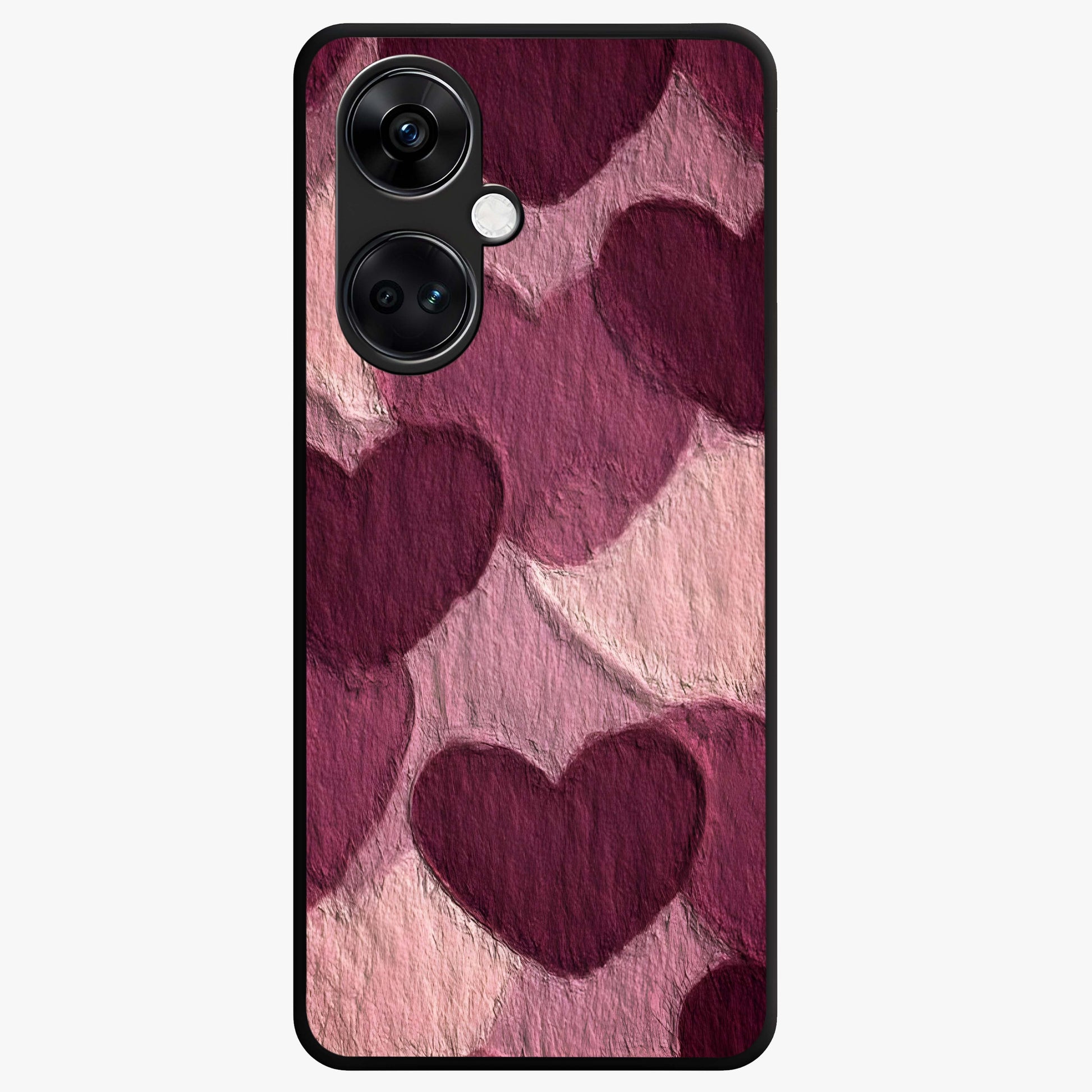 Layered Paper Hearts Glass Case for 1+Nord CE 3 charming front view featuring dimensional paper style heart artwork