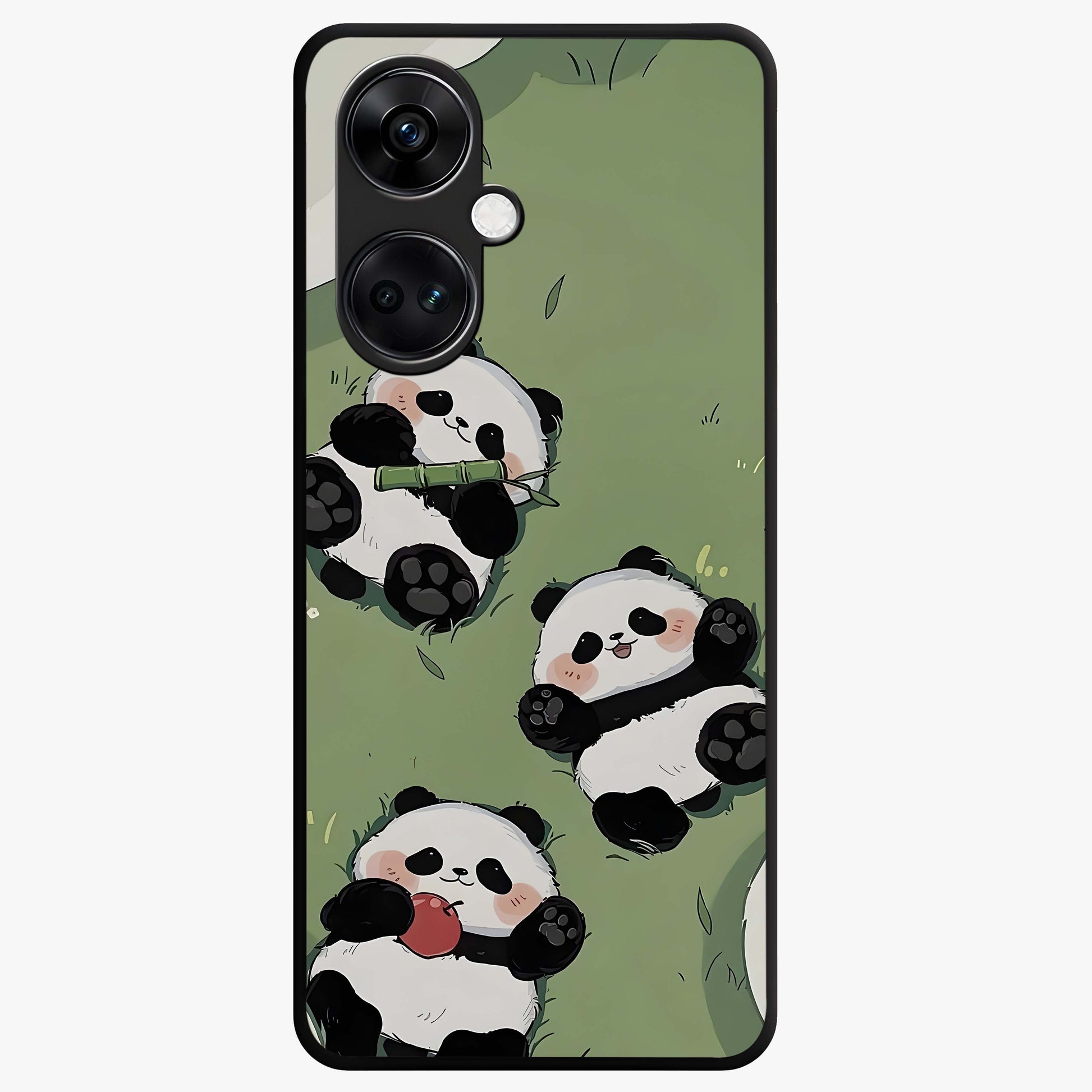 Lazy Panda Picnic Glass Case for 1+Nord CE 3 adorable front view featuring playful panda picnic themed artwork
