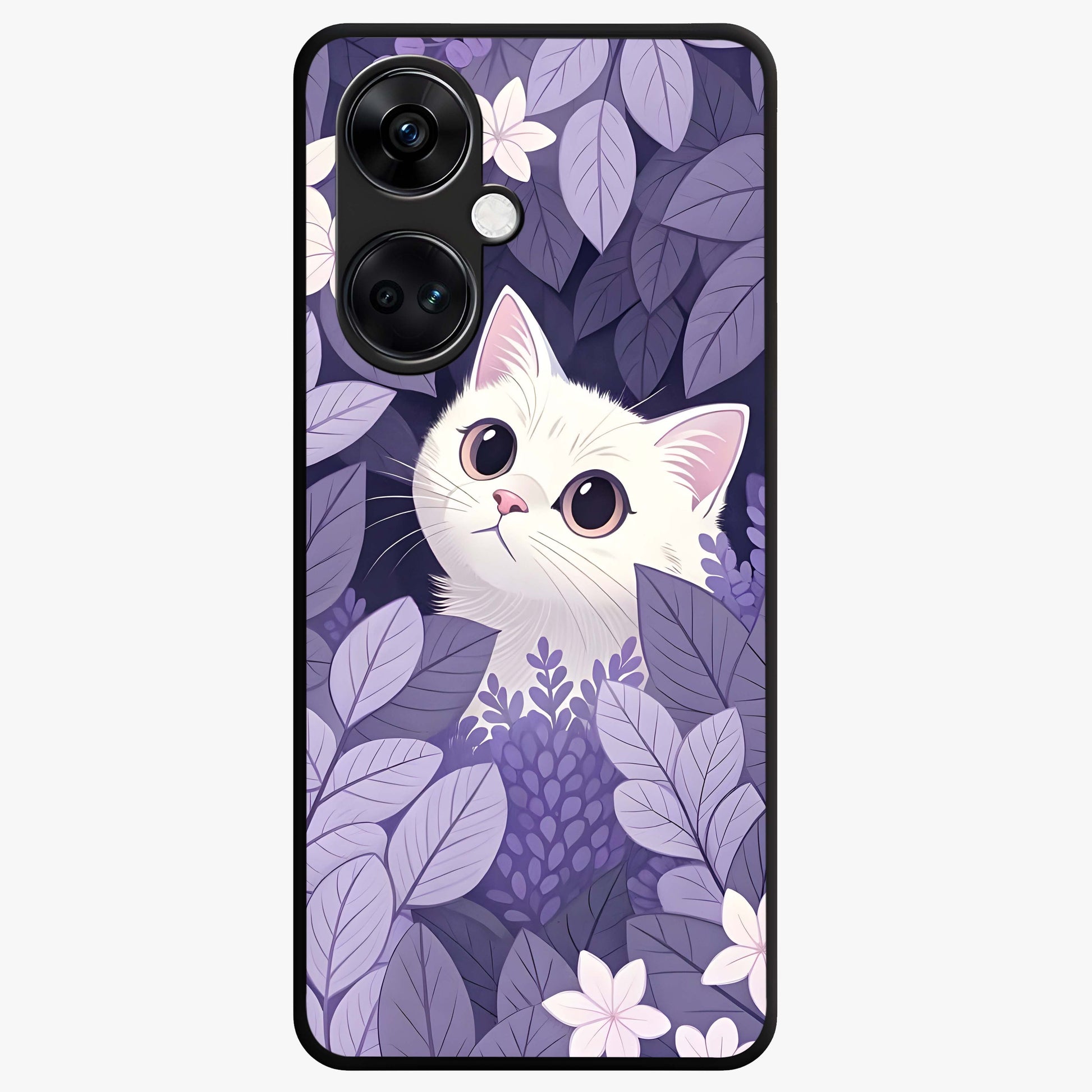 Lilac Hide Peek Cat Glass Case for 1+Nord CE 3 adorable front view featuring playful cat artwork in lilac tones