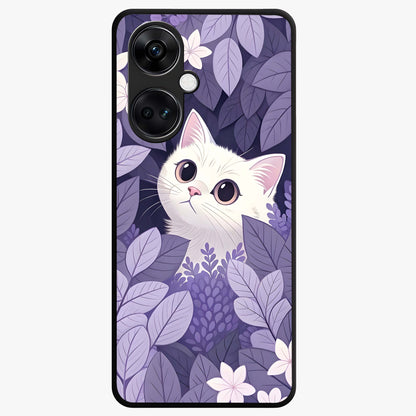 Lilac Hide Peek Cat Glass Case for 1+Nord CE 3 adorable front view featuring playful cat artwork in lilac tones