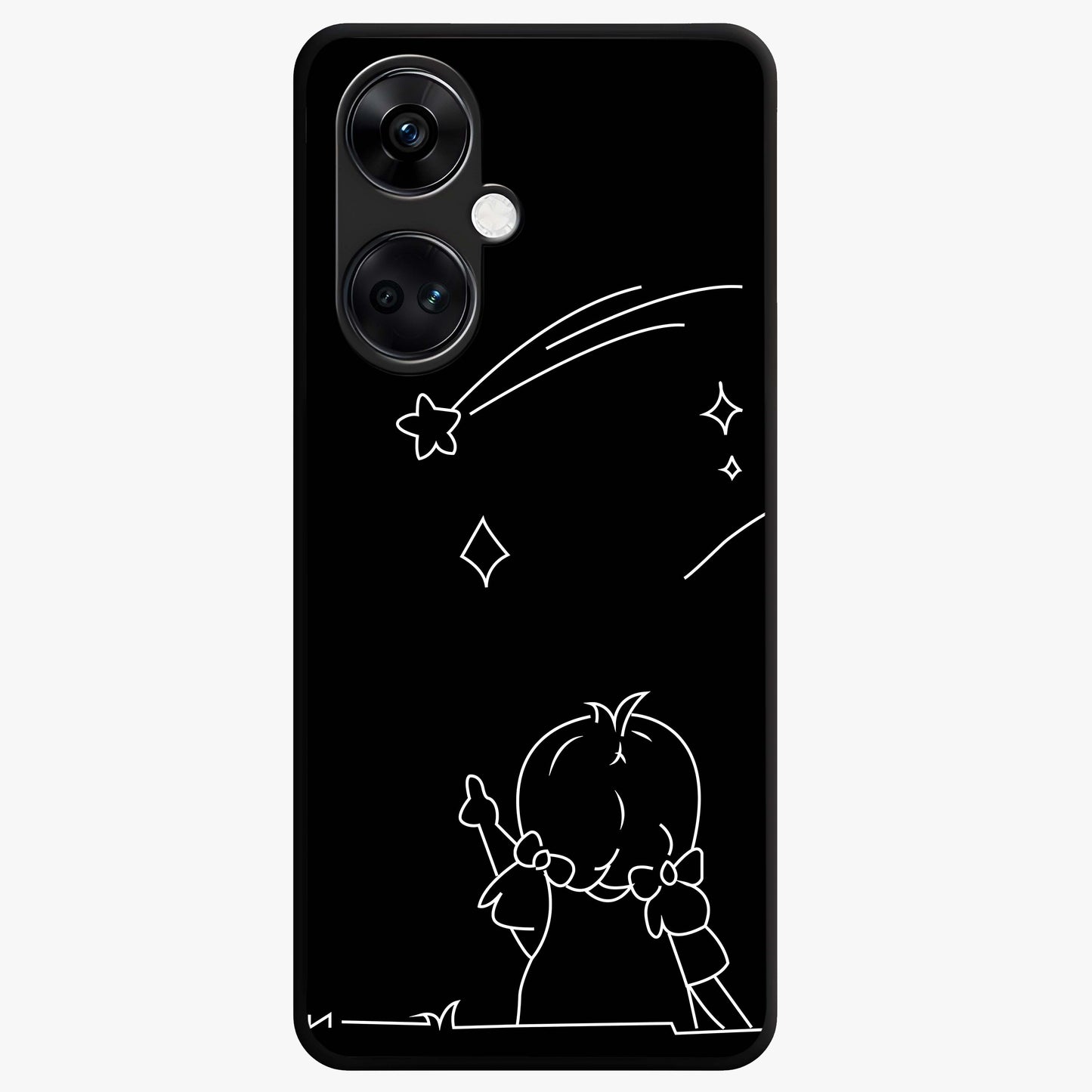 Line Art Girl With Shooting Stars Glass Case for 1+Nord Ce 3 elegant front view featuring minimal line art character with shooting stars
