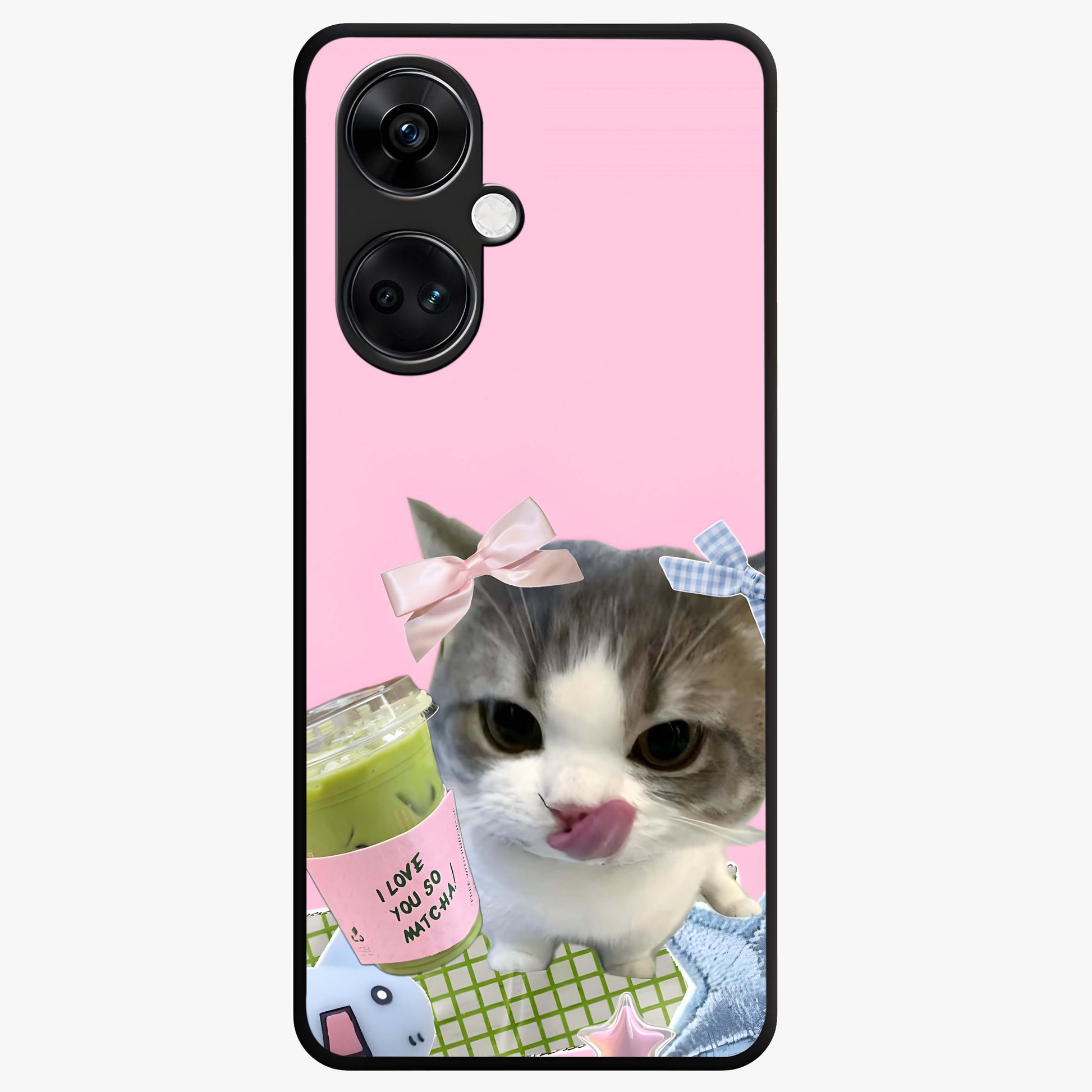 Love Matcha Cat Glass Case for 1+Nord CE 3 adorable front view featuring cute cat artwork with matcha theme