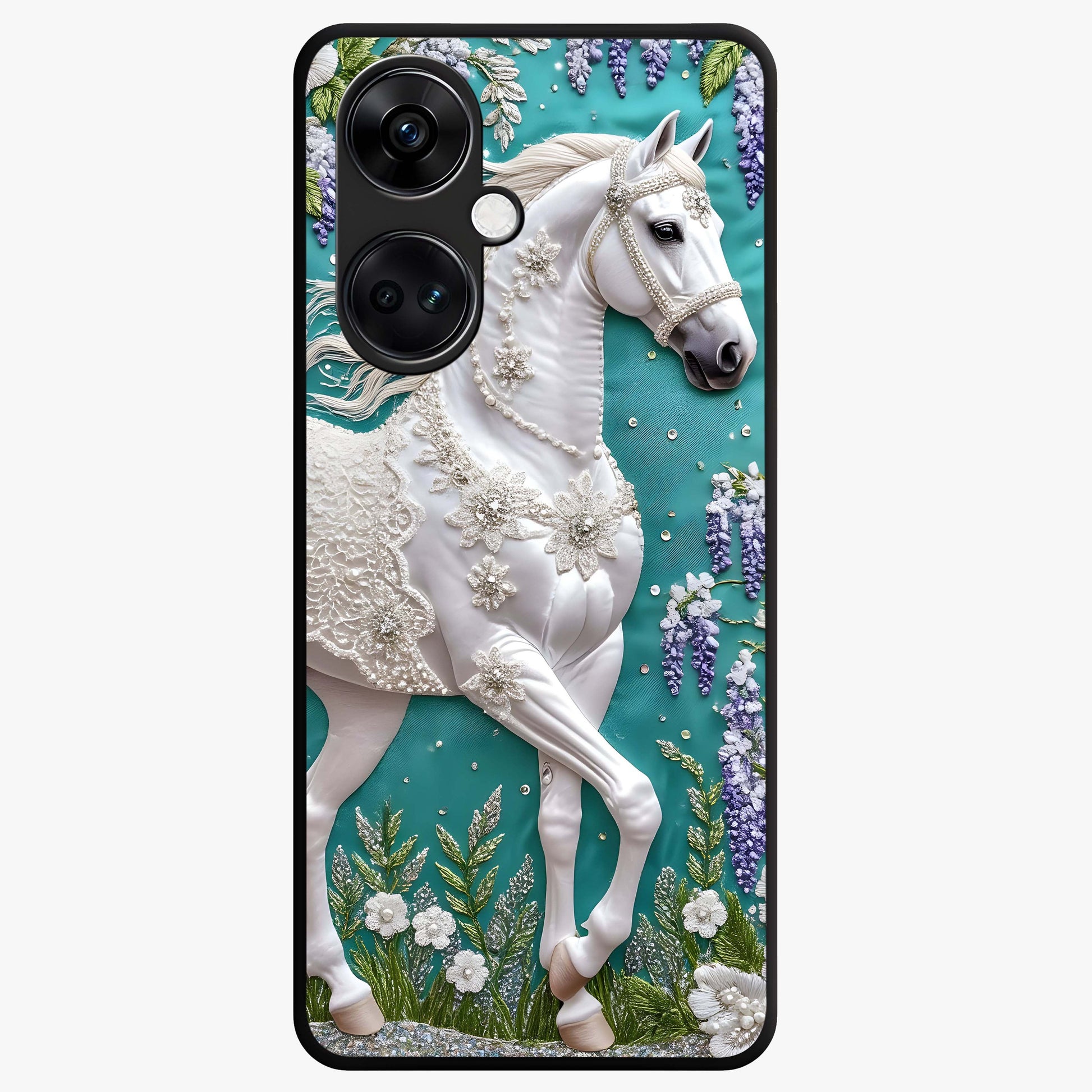 Majestic Floral Stallion Glass Case for 1+Nord Ce 3 powerful front view featuring horse artwork blended with floral detailing