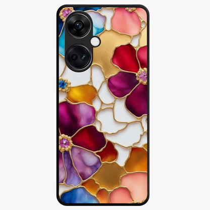Marble Flower Pattern Glass Case for 1+Nord CE 3 stylish front view featuring floral artwork blended with marble texture