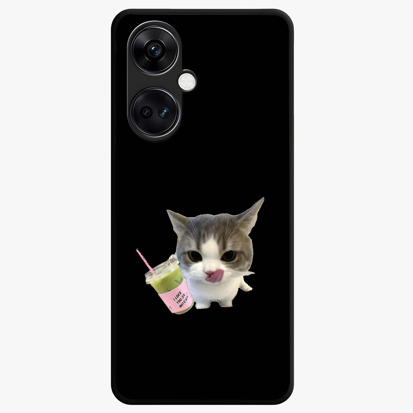 Matcha Cat Style Glass Case for 1+Nord CE 3 adorable front view featuring cute cat artwork in matcha green tones