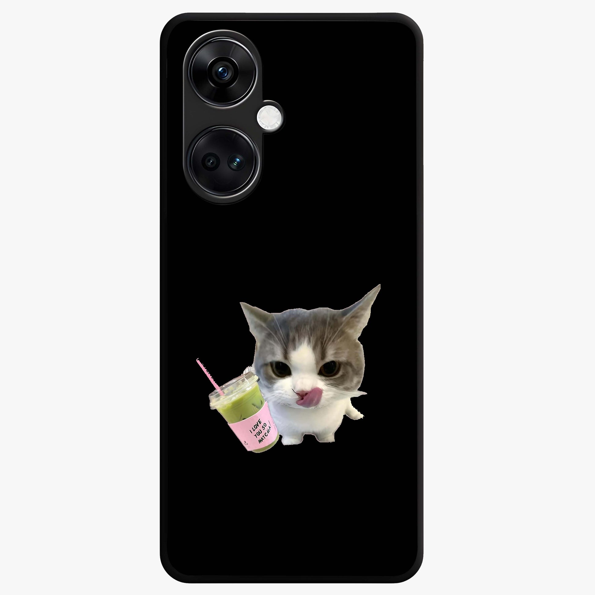Matcha Cat Style Glass Case for 1+Nord CE 3 adorable front view featuring cute cat artwork in matcha green tones