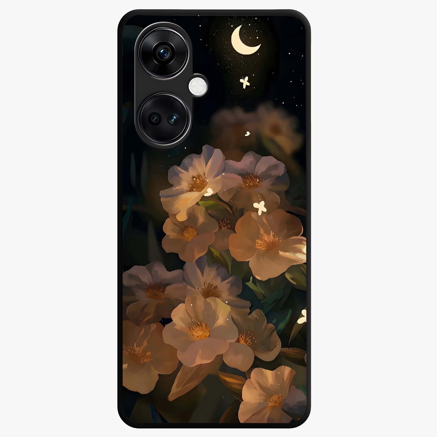 Midnight Bloom Trail Glass Case for 1+Nord CE 3 artistic front view featuring flowing floral trail artwork in dark tones