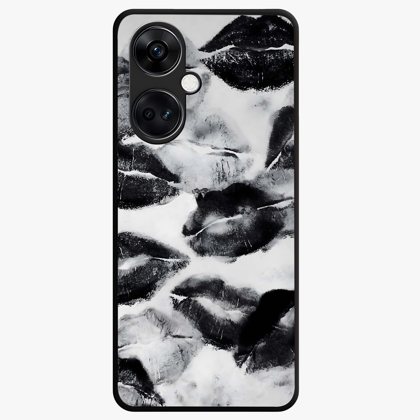 Midnight Kiss Marks Glass Case for 1+Nord CE 3 bold front view featuring romantic kiss mark artwork on dark background