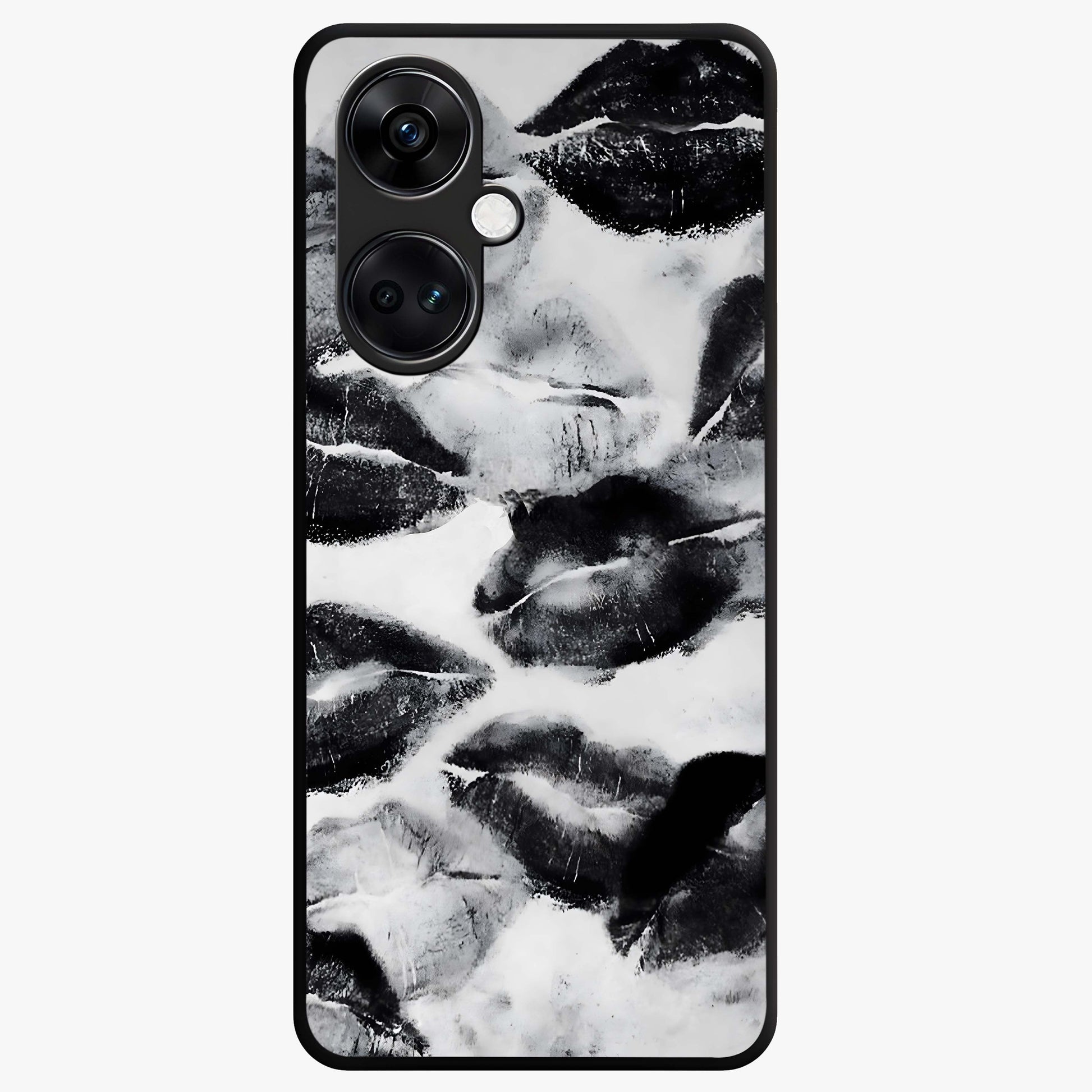 Midnight Kiss Marks Glass Case for 1+Nord CE 3 bold front view featuring romantic kiss mark artwork on dark background