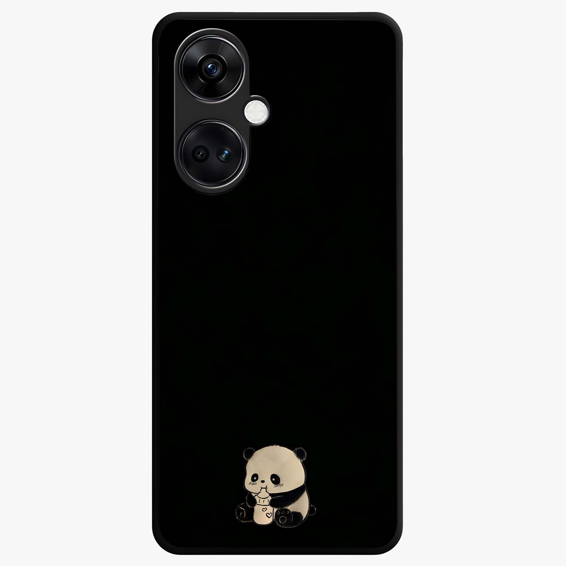 Midnight Panda Love Glass Case for 1+Nord CE 3 adorable front view featuring cute panda artwork on dark background