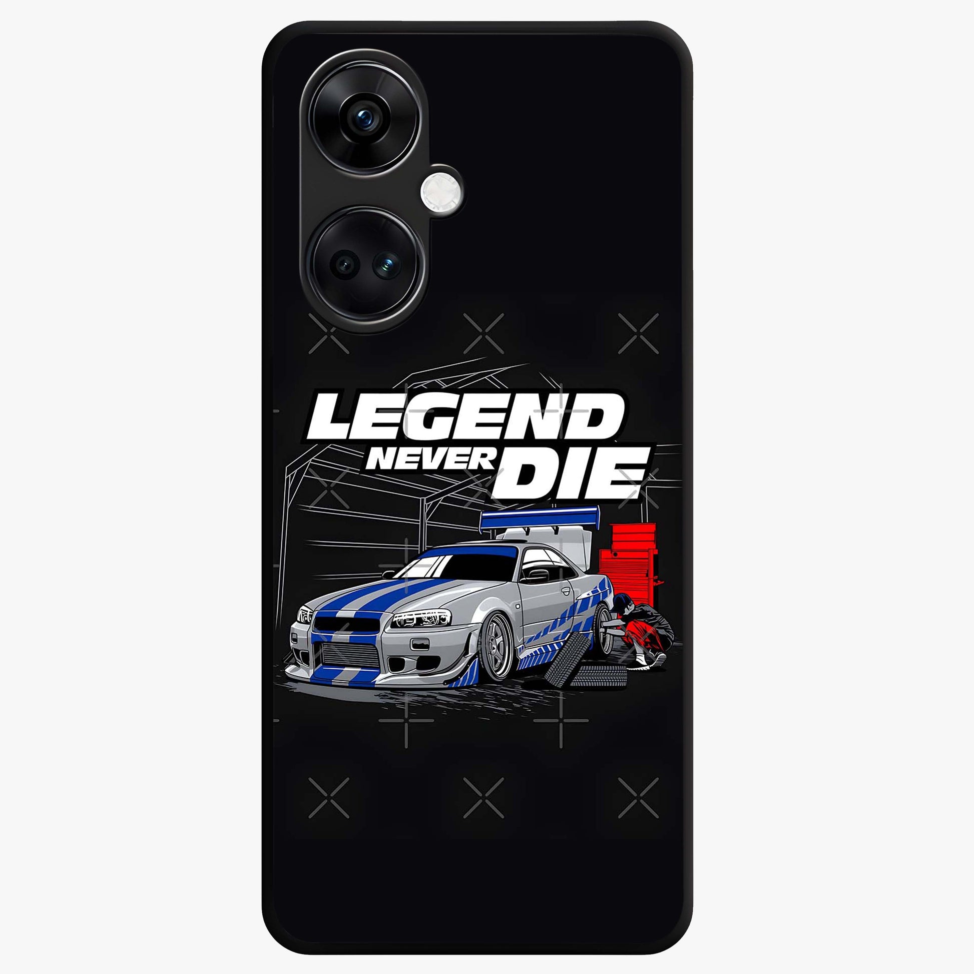 Midnight Racing Legacy Glass Case for 1+Nord CE 3 bold front view featuring racing inspired artwork in dark tones