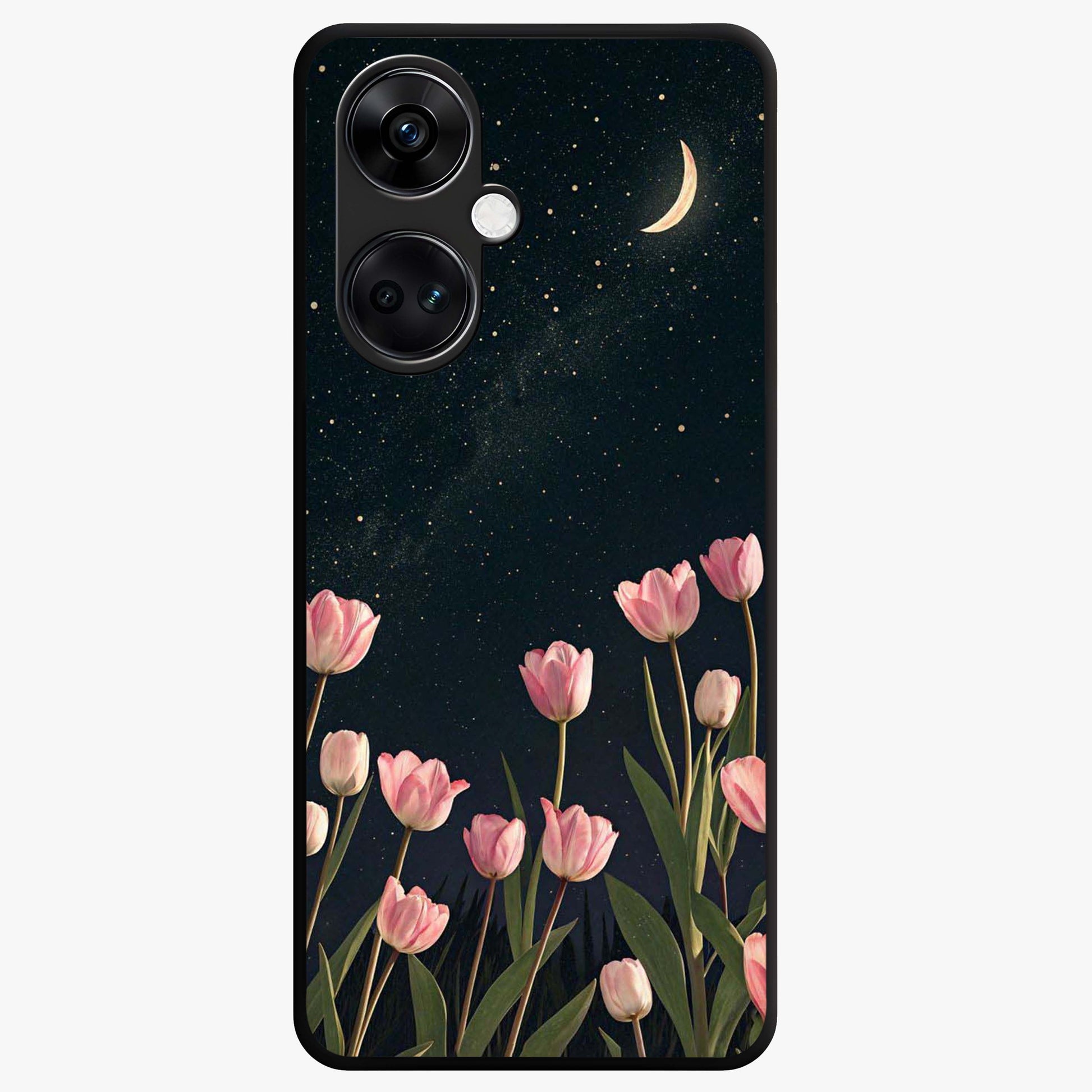 Midnight Tulip Whispers Vibe Glass Case for 1+Nord Ce 3 elegant front view featuring tulip floral artwork on dark background
