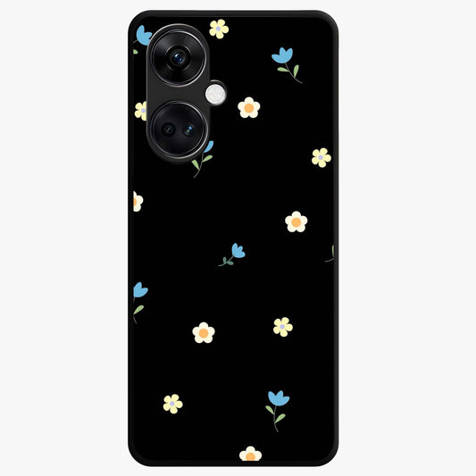 Minimalistic Blue With White Flower Pattern Glass Case for 1+Nord Ce 3 fresh front view featuring white floral artwork on blue background