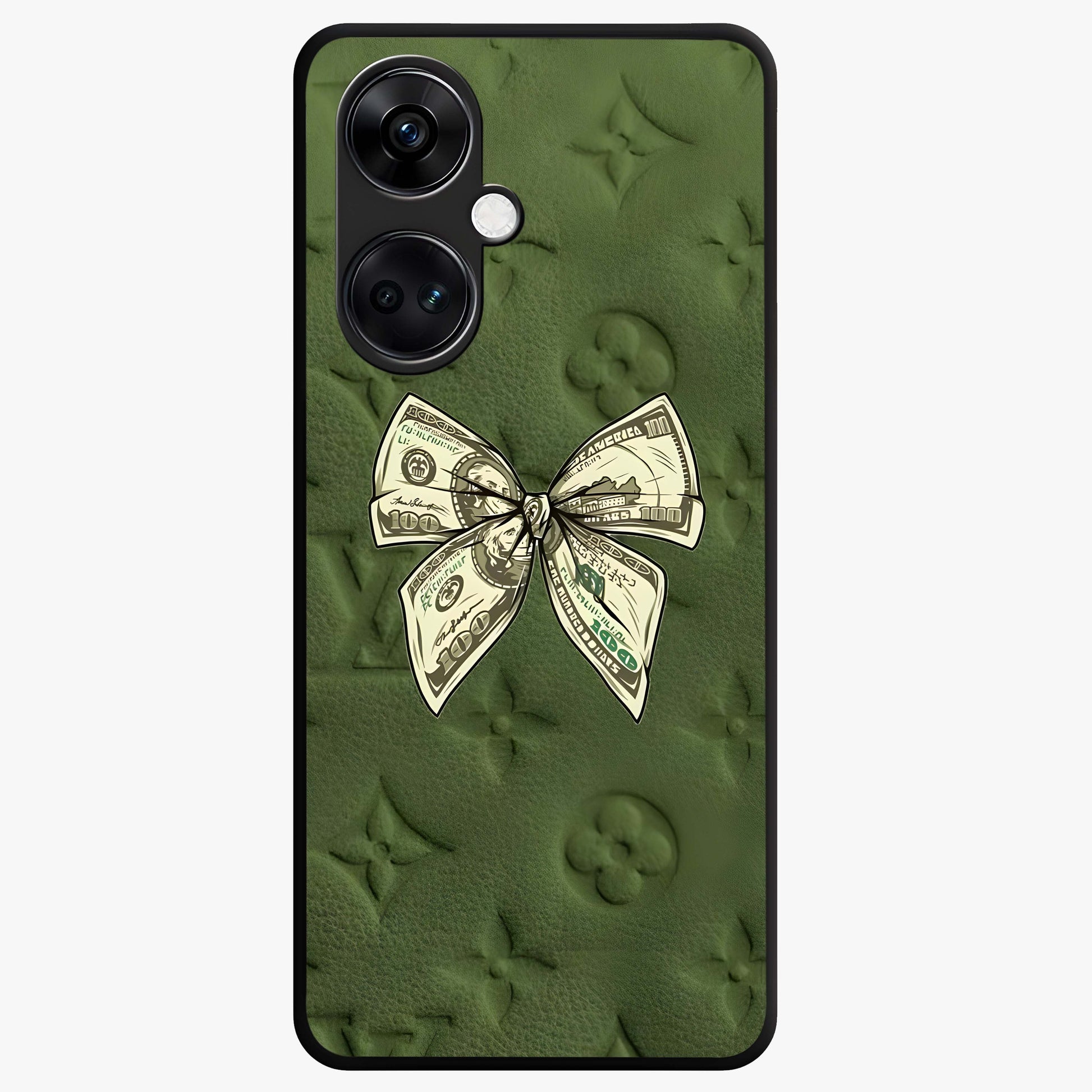 Money Bow Lv Glass Case for 1+Nord CE 3 luxury inspired front view featuring bold fashion themed artwork
