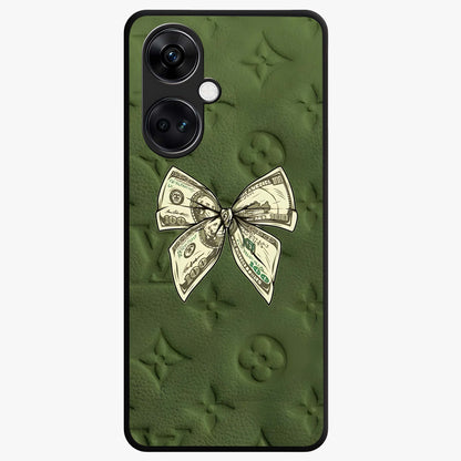 Money Bow Lv Glass Case for 1+Nord CE 3 luxury inspired front view featuring bold fashion themed artwork