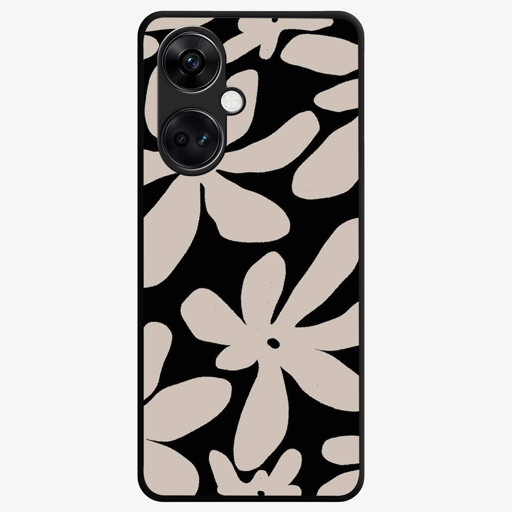 Monochrome Petal Dance Glass Case for 1+Nord CE 3 artistic front view featuring black and white floral artwork